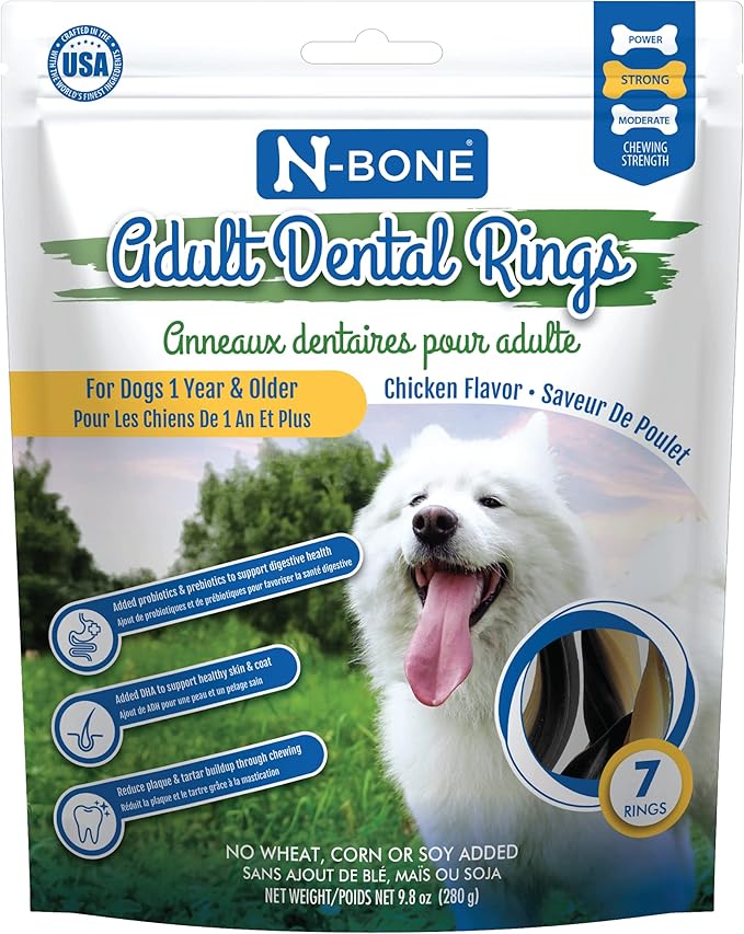 N-Bone Adult Dental Rings Chicken Flavor Dog Treats, 7 Count 9.8-oz Bag, Brown, 1 Count (Pack of 1)