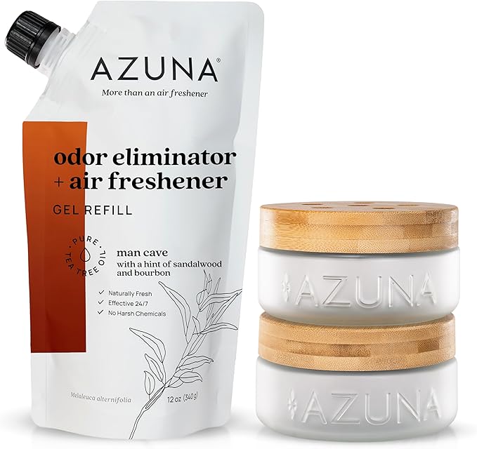 Azuna Air Freshener & Odor Eliminator for Strong Odor | 2 Room Kit Includes (2) Empty Luxe Glass Jar & 12oz Gel Refill with Tea Tree Essential Oil | Sandalwood Scent | Last 60-90 Days
