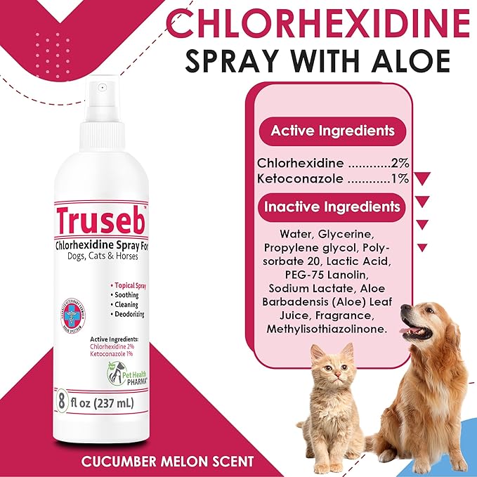 Truseb All Natural Chlorhexidin Sprays Topical Ketoconazole and Chlorhexidine Spray for Dogs, Cats & Horses with Aloe Vera (USA) (Ketoconazole & Chlorhexidine Spray, 8 oz)