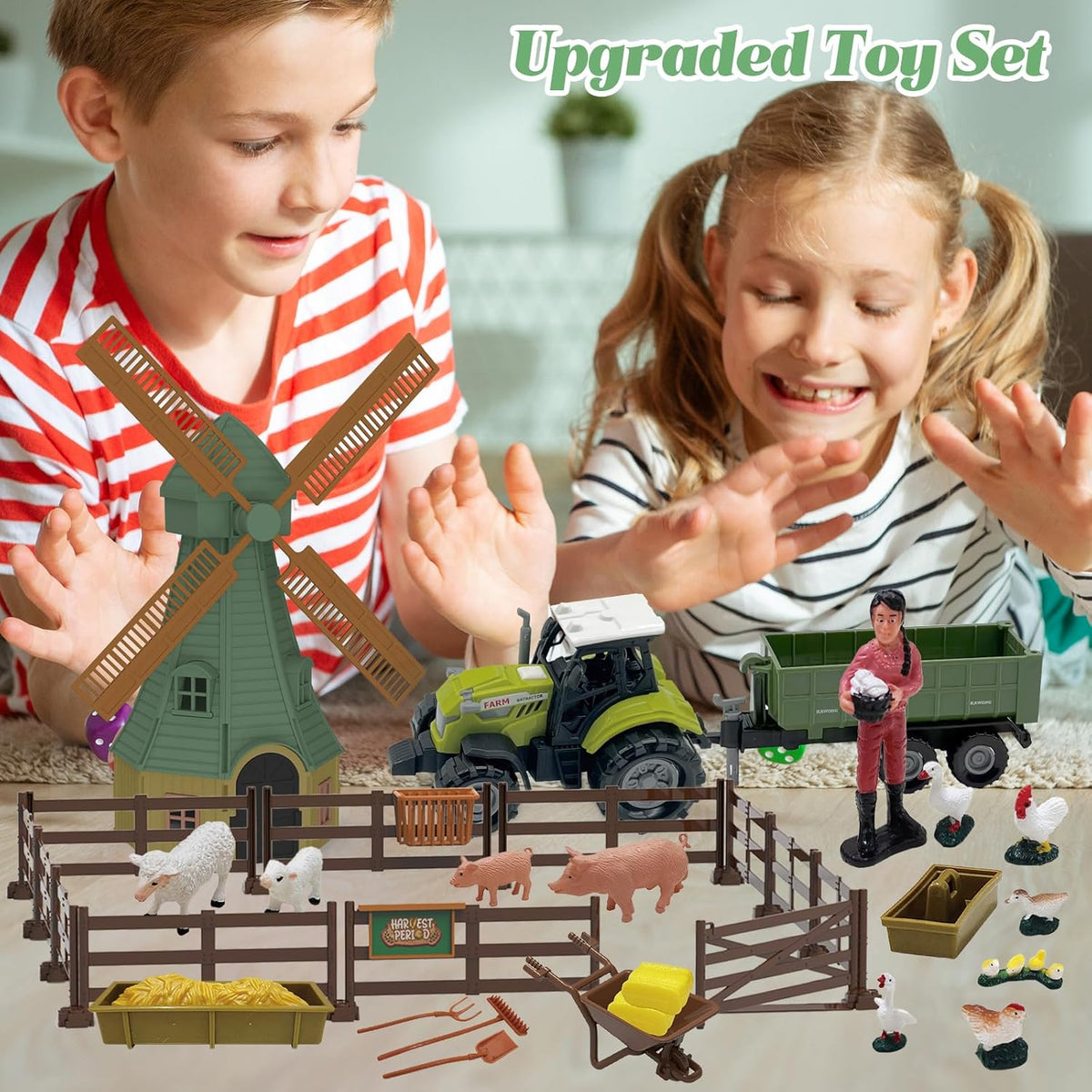 82PCS Farm Animals Toys Set Comes with Tractor Trailer, Windmill, Farmer, Fence - Playset for Kids Toddlers Boys Girls 5+ Years Old