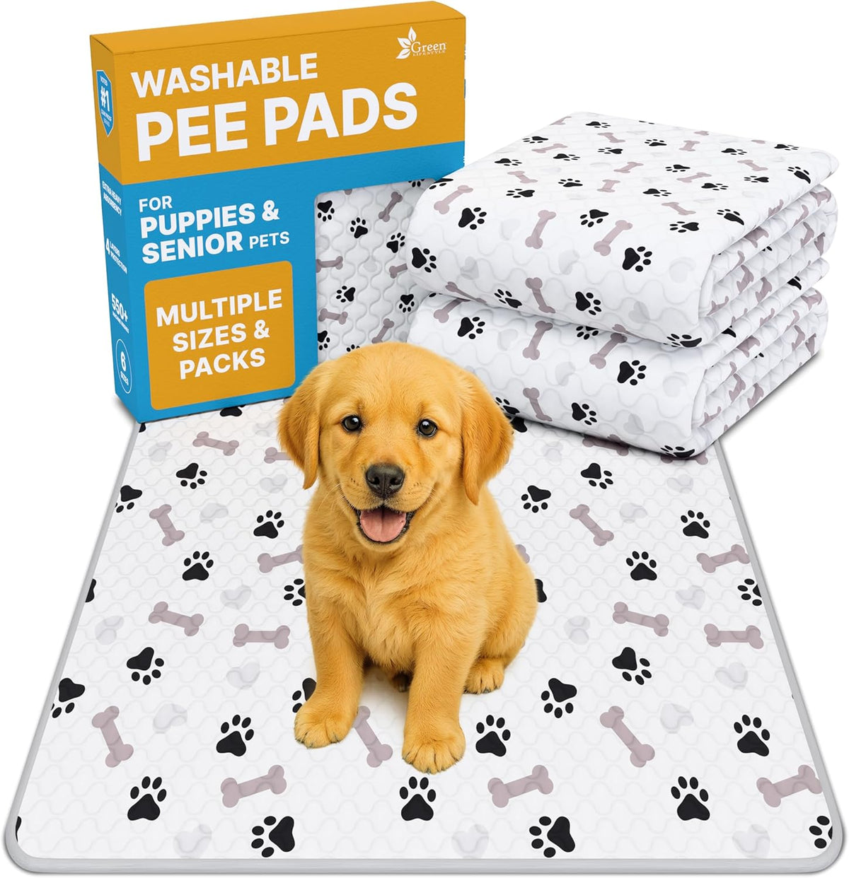 GREEN LIFESTYLE Washable Pee Pads for Dogs - Waterproof Reusable Puppy Pads with Anti-Slip Backing, Pet Training Pad for Puppy Playpen, Crate, Whelping Box, Potty Training (Pack of 2 - 30x34)