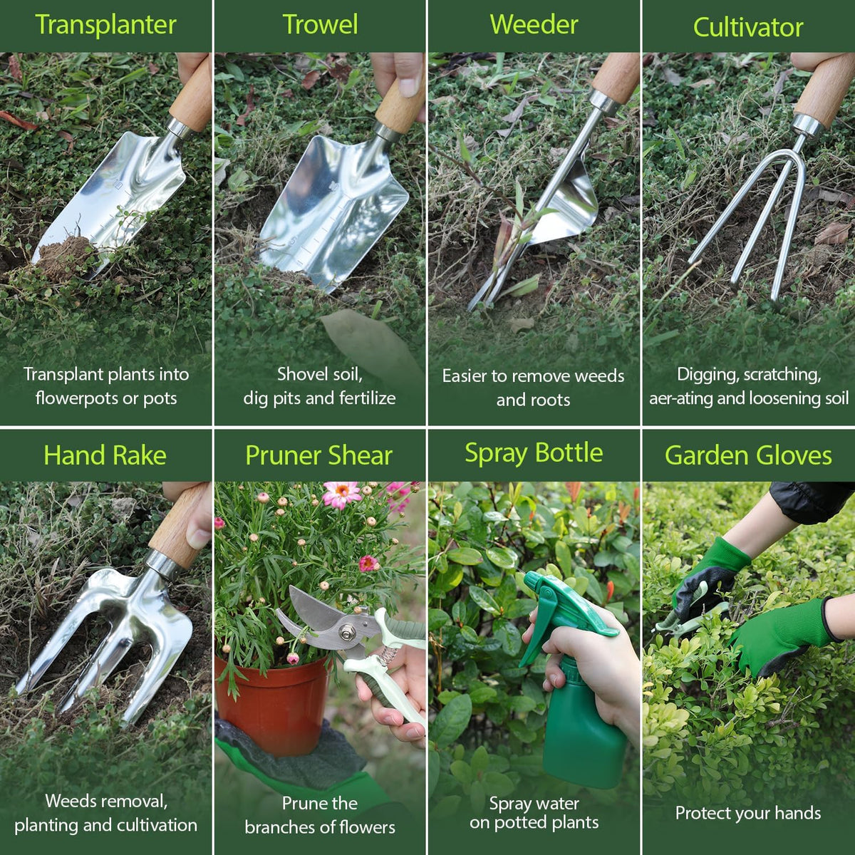 Garden Tool Set, 10 Piece Kit with Heavy Duty Folding Stool, Detachable Storage Tote Bag, Stainless Steel Tools, Gifts for Women Men Green