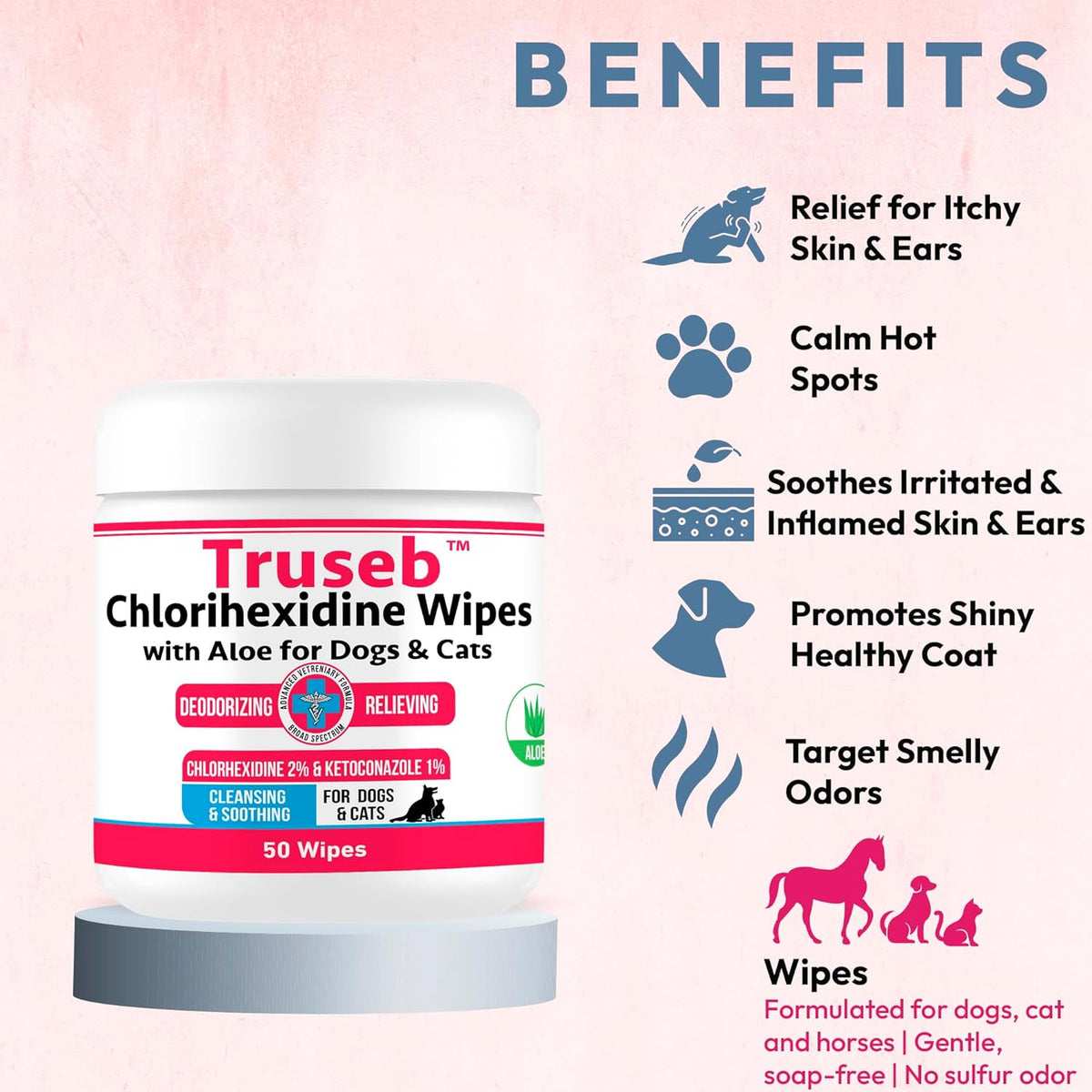 Truseb Topical Ketoconazole and Chlorhexidine Wipes for Dogs, Cats and Horses - with Aloe for Cleansing - 50 Count (Ketoconazole & Chlorhexidine Wipes, 50 Count)