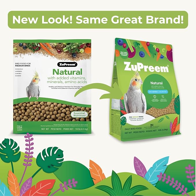 ZuPreem Natural Bird Pellets, Daily Bird Food for Cockatiel, Lovebird, Quaker, Small Conure, Lorikeet, Core Nutrition for Medium Birds, Added Vitamins, Cockatiel Pellets (M, 2.5 lbs)