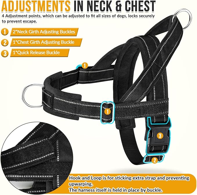 SlowTon No Pull Dog Harness - Heavy Duty Dog Harness and Leash Set for Medium Large Dogs, Reflective Tactical Harness with Soft Padded and Front Clip for Easy Walk and Training (Black L)