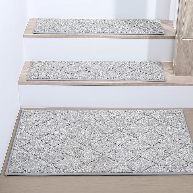 COSY HOMEER Edging Stair Treads Non-Slip Corner Indoor Stair Runners for Wooden Steps,Landing Slip Resistant Stair Rugs for Kids and Dogs, 100% Polyester TPE Backing,Grey,20"X32"