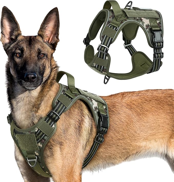 rabbitgoo Tactical Dog Harness for Large Dogs, No Pull Military Service Vest with Handle & Molle, Easy Control for Training Walking, Adjustable Reflective Straps, Green camo, XL