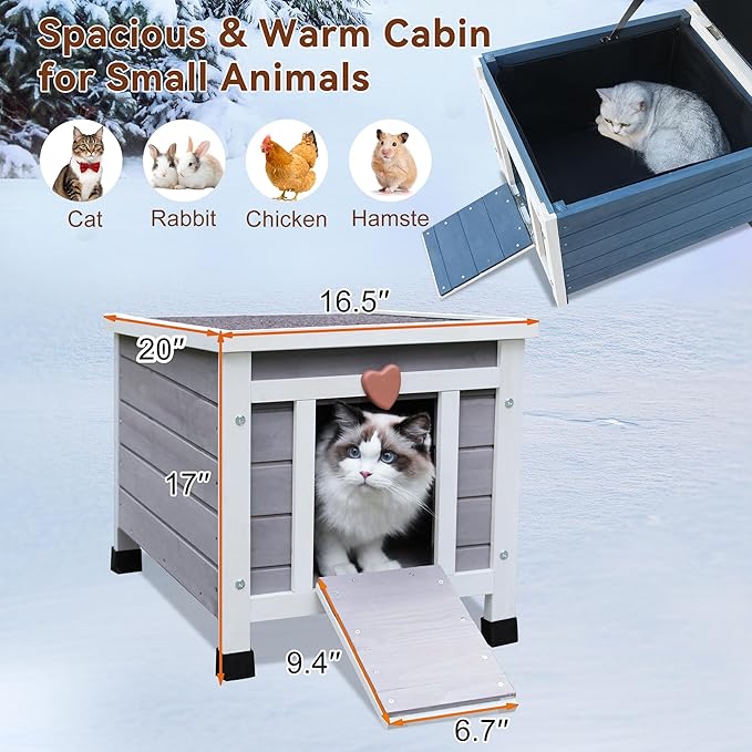 Rockever Outdoor Cat House, Insulated Outdoor Cat House with Warm Liner for Winter, Weatherproof Rabbit Hutch Bunny Cage, Wooden Outside Shelter for Feral Cats, Rabbits