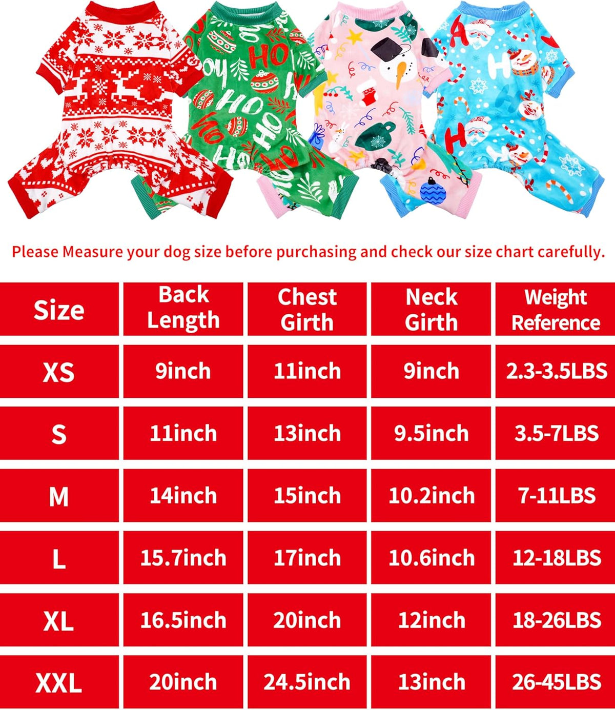 PET SHOW 4 Pack Small Dog Christmas Pajamas Holiday Dog Clothes Doggies Soft Stretchy PJs Xmas Jumpsuit Puppy Cats Girl Boy Onesies Red Green Outfits with Sleeve Pets Dachshund Costume XS