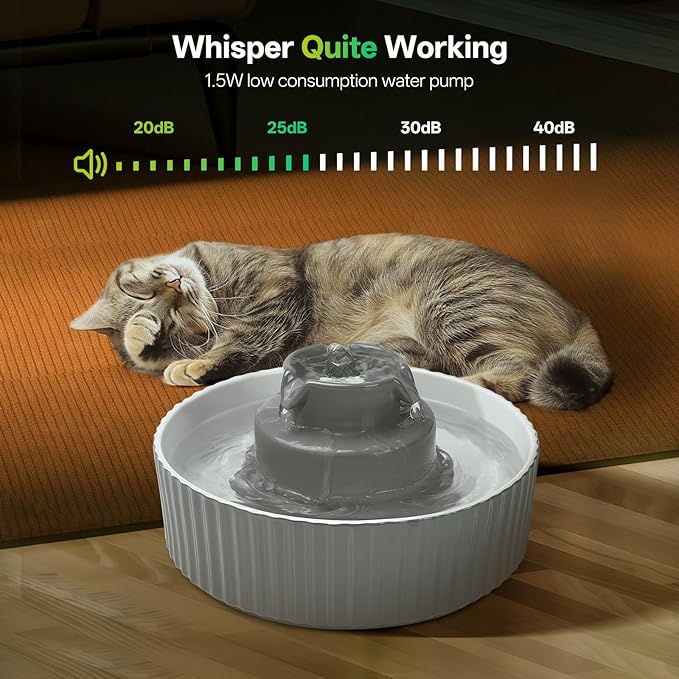 Ceramic Cat Water Fountain, 2.1L/70oz Porcelain Pet Drinking Dispenser with 4 Set Replacement Filter & Sponge, Automatic Dog Water Bowl with Ultra-Quiet Pump, Cat Feeding Watering Supplies(Grey)