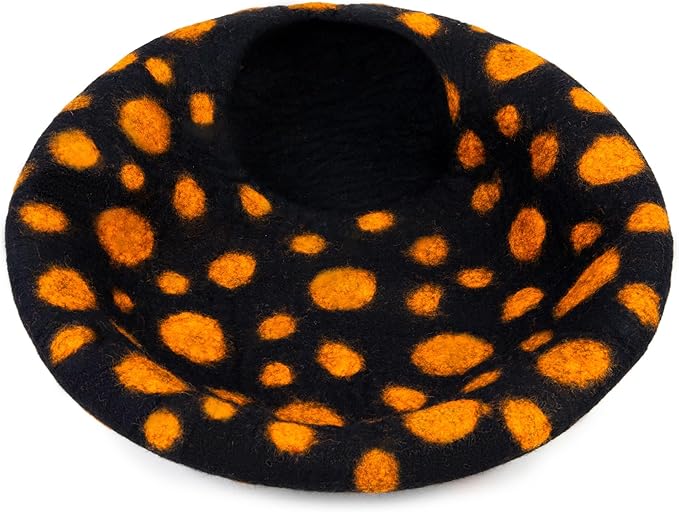 Woolygon Premium Felt Cat Cave Bed - Polka Dot Series - Wool Kitty Beds Handcrafted Kitten Caves Bed for Indoor Cats - Eco-Friendly Merino Wool, Foldable Cat Hideaway Cat Houses (Yellow/Black Dots)