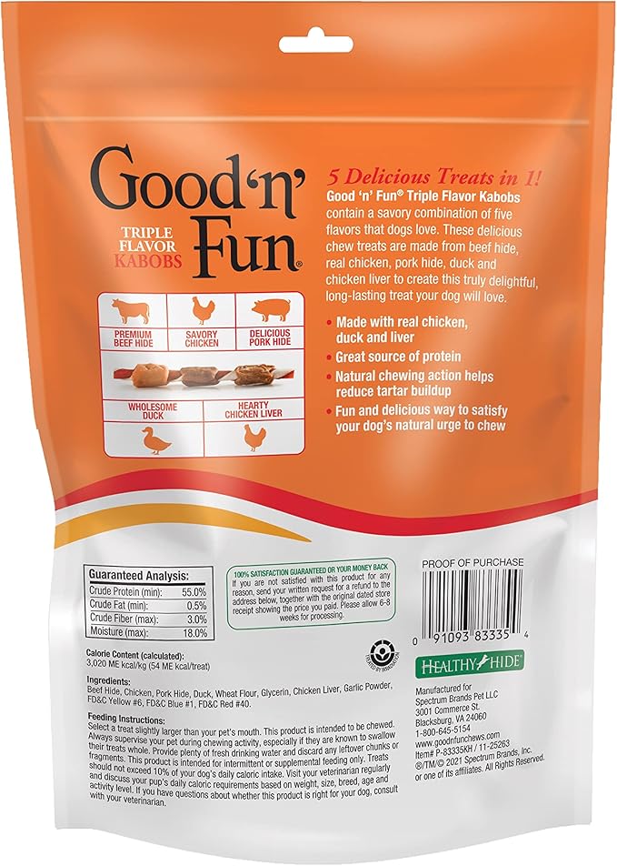 Good'n'Fun Triple Flavored Rawhide Kabobs for Dogs, 2 Pack, 4 oz