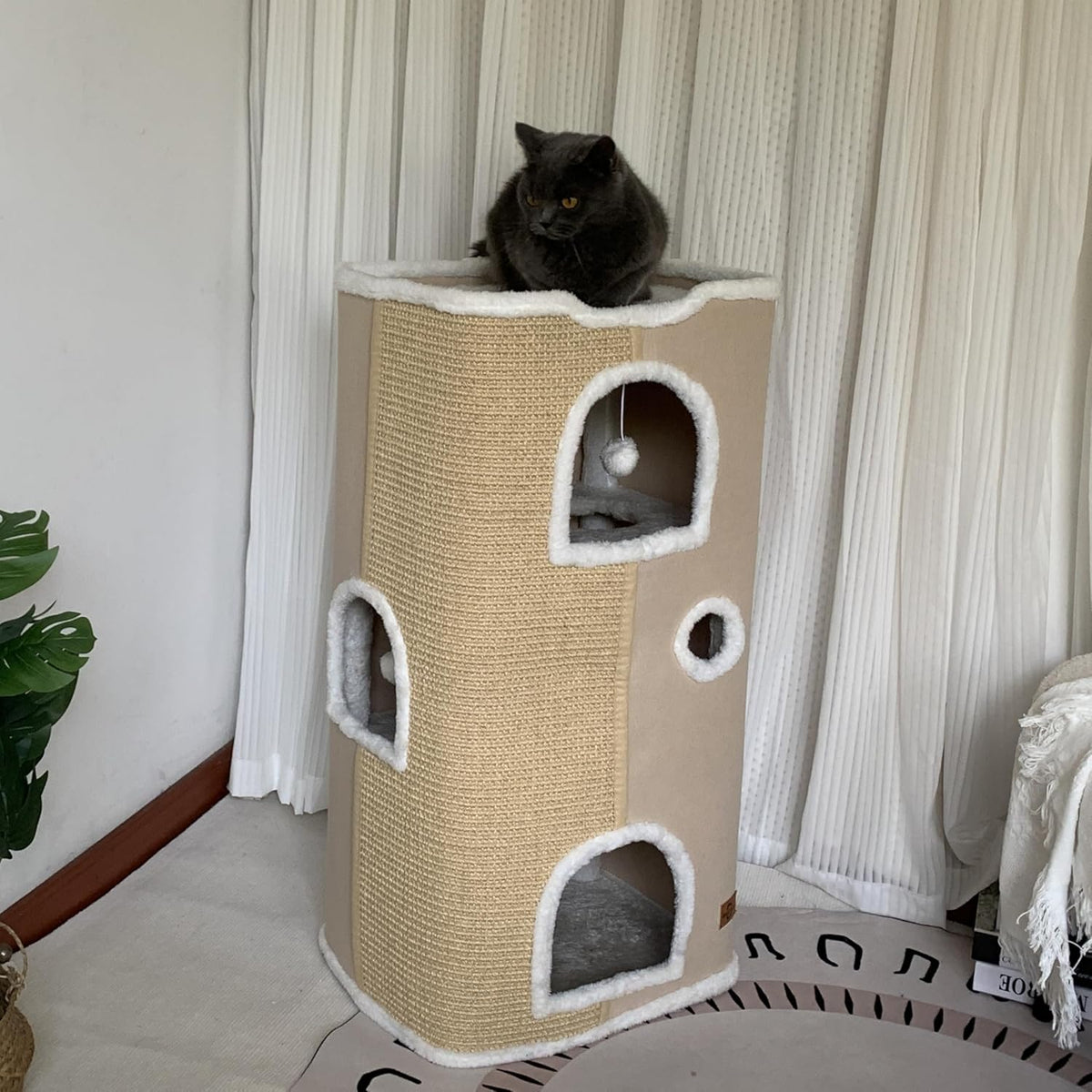Cat House - Large Cat Cave with Fluffy Ball Hanging and Scratch Pad, Foldable 16.9x15x13 inches