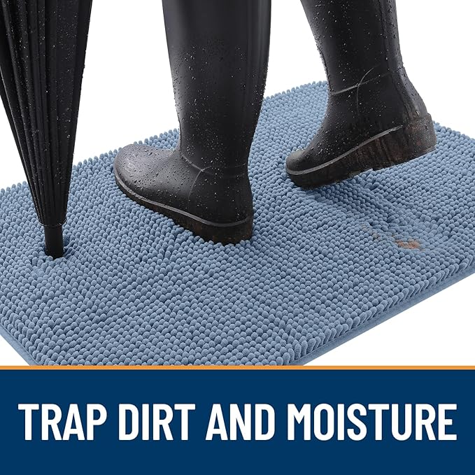 OLANLY Dog Door Mat for Muddy Paws 59x20, Absorbs Moisture and Dirt, Absorbent Non-Slip Washable Doormat, Quick Dry Chenille Mud Mat for Dogs, Entry Indoor Entryway Carpet for Inside Floor, Airy Blue