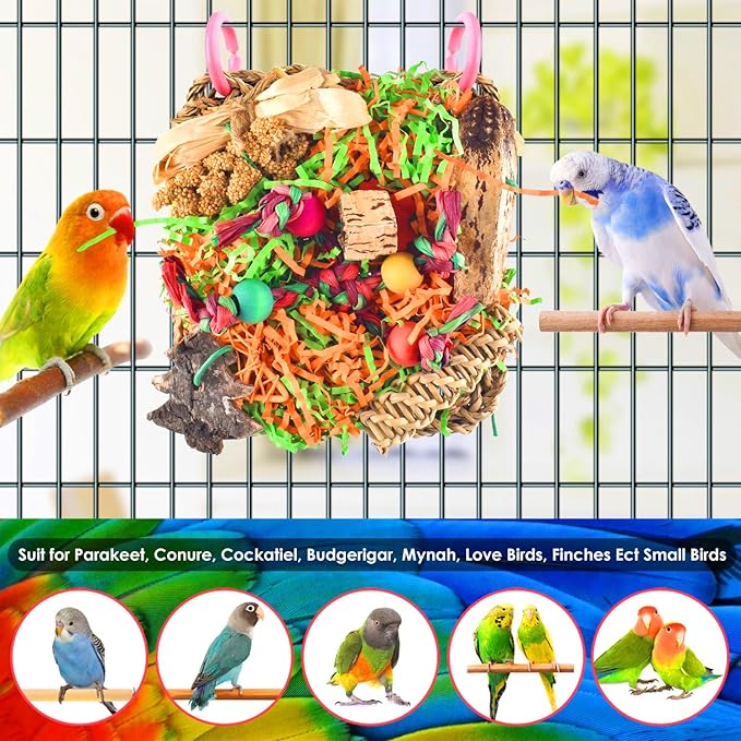 KATUMO Bird Toys, Parakeet Grass Mat Foraging Toy Parrot Shredding Hanging for Cockatiel Lovebird Parakeet Budgie Small-Medium Birds