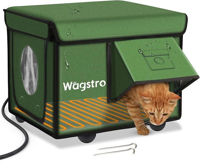 Heated Cat House for Outside, Waterproof Awning & Escape Door Heated Cat Houses for Indoor/Outdoor Cats in Winter, Elevated & Insulated Outdoor Cat Shelter for Feral Cat(Green, 16.5"x12.6"x12.6")