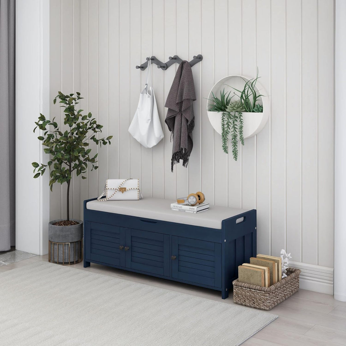 Storage Bench with 3 Shutter-Shaped Doors, Pine Wood Shoe Bench with Removable Cushion and Hidden Storage Space for Entryway Living Room 43.5" L * 16" W * 18" H, Antique Navy