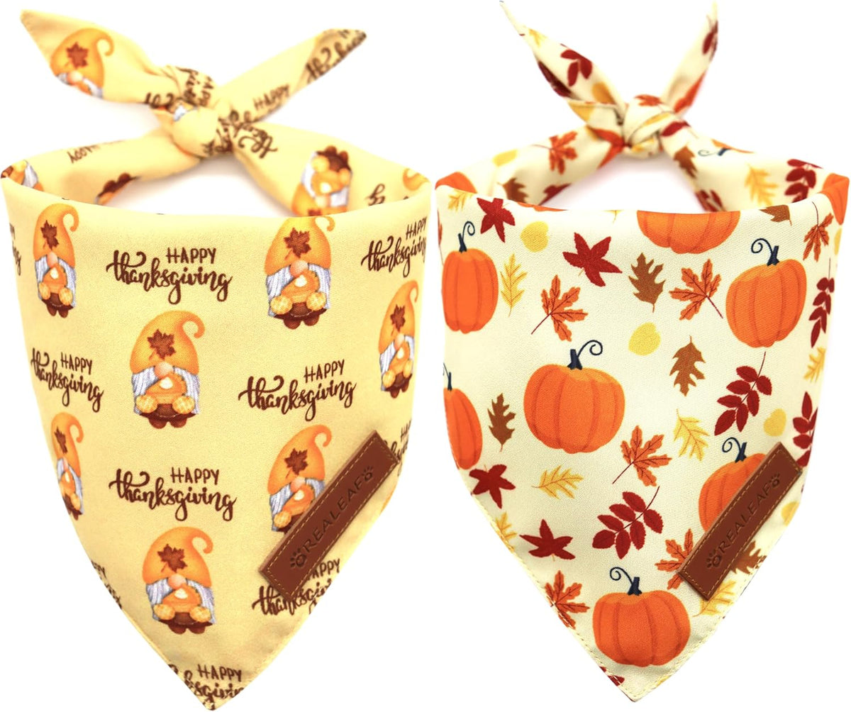 Realeaf Thanksgiving Dog Bandanas 2 Pack, Pumpkins and Happy Thanksgiving Pet Scarf for Boy and Girl, Premium Durable Fabric, Reversible Holiday Bandana for Small and Medium Dogs Pets (Small)