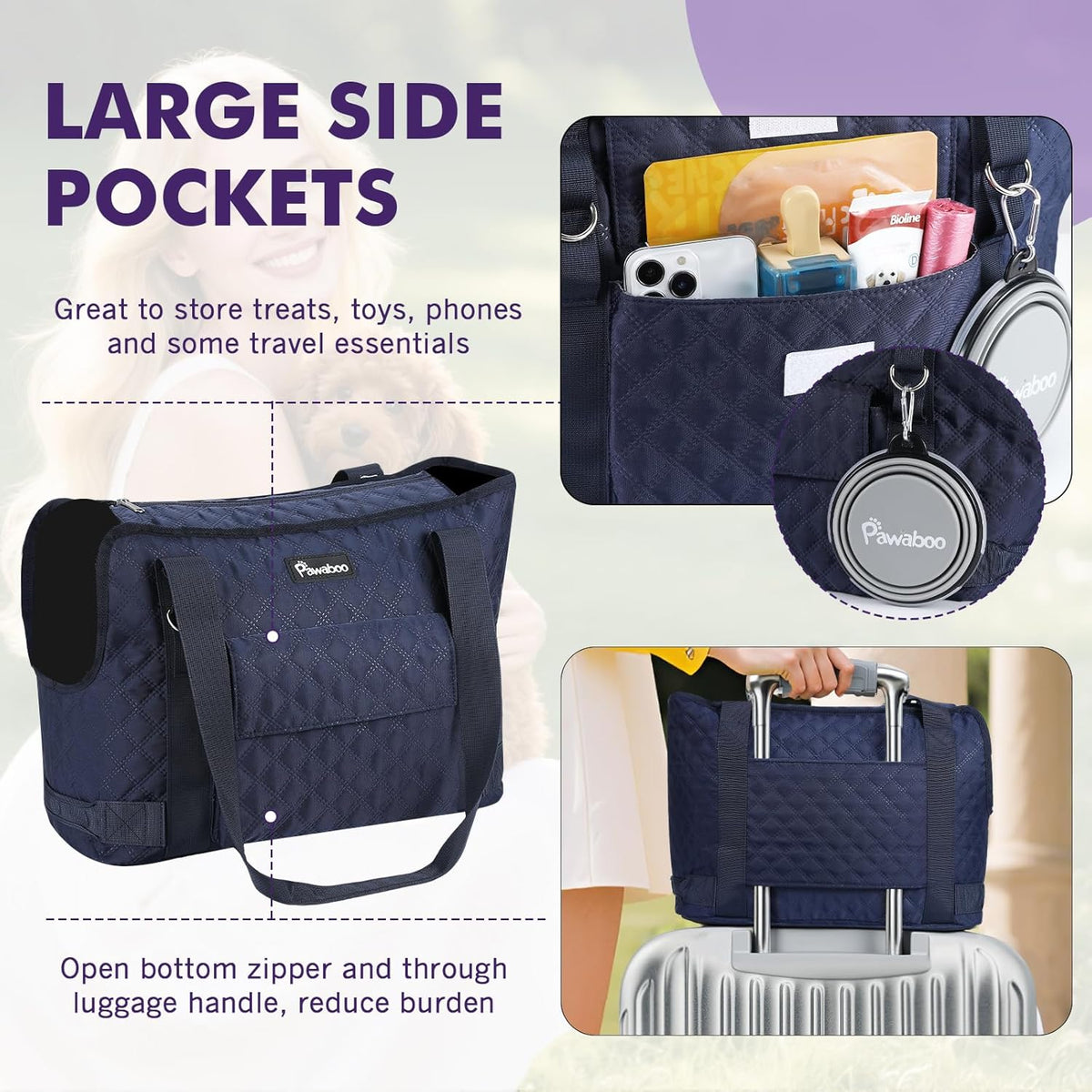 Pawaboo Dog Purse Carrier for Small Dogs with Pocket, Lightweight Dogs and Puppies Tote Bag Carrier, Dog Carriers Soft Sided for Puppy Cat Rabbit, Shopping Travel Puppy Carriers Under 11 LBS,Navy Blue