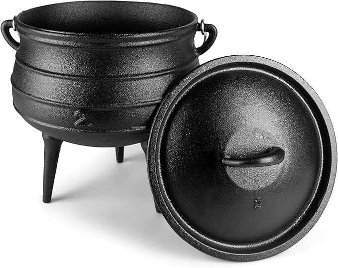 Bruntmor Pre-Seasoned Cast Iron Cauldron - 6 Quart African Potjie Pot with Lid - 3-Legged Dutch Oven for Camping and Over-the-Fire Cooking - Durable Outdoor Cookware for Stews, Chili, and Slow Cooking