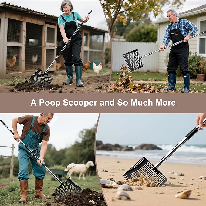 Chicken Poop Scooper - Metal Sifting Shovel & Rake 2-in-1 with Adjustable Stainless Steel Handle (37"-65"), Sand Shovel for Chicken Coops, Farm Animal Waste