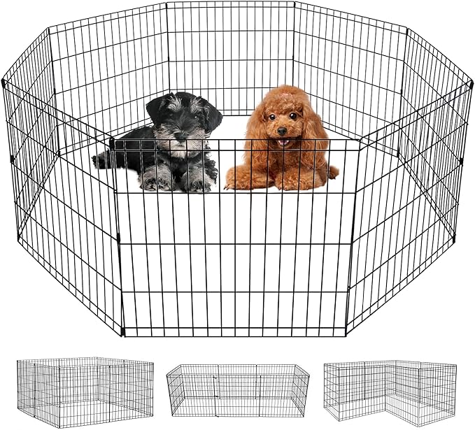 FDW 24 Inch Dog Pen 8 Panel Dog Playpen Indoor Outdoor Metal Puppy Pet Fence Portable Folding Animal Exercise Fence,Black
