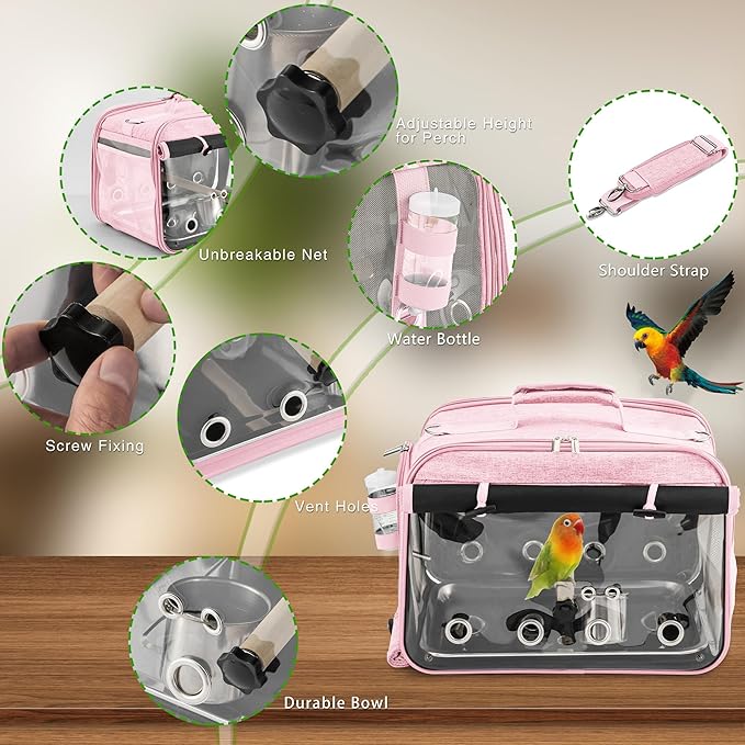 Suertree Bird Carrier Airline Approved, Bird Travel Cage with Indestructible Stainless Steel Mesh, Bird Travel Bag Lightweight and Portable with Water Bottle and Bowl
