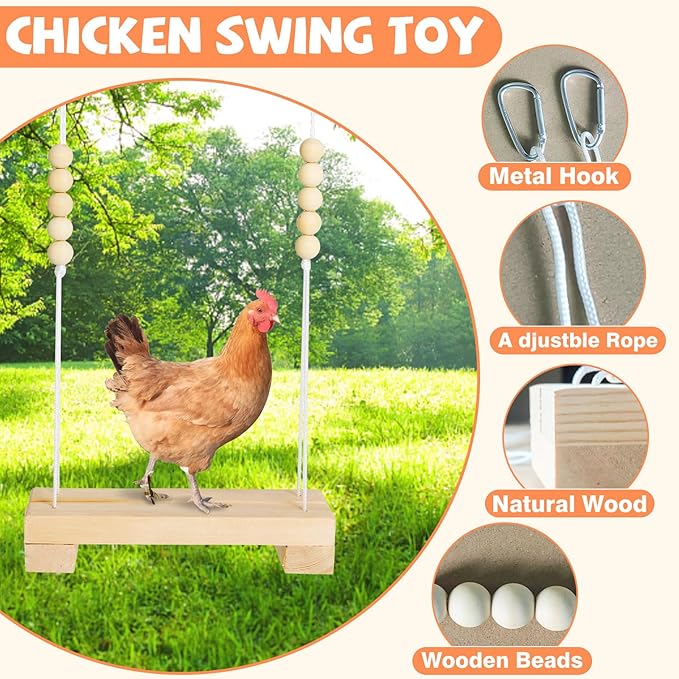 Jorewood 40cm Natural Wooden Chicken Swing Perch with Iron Monkey Decoration & Adurable Rope - Safe Poultry Toy for Hens, Birds with Wooden Beads & Durable Design