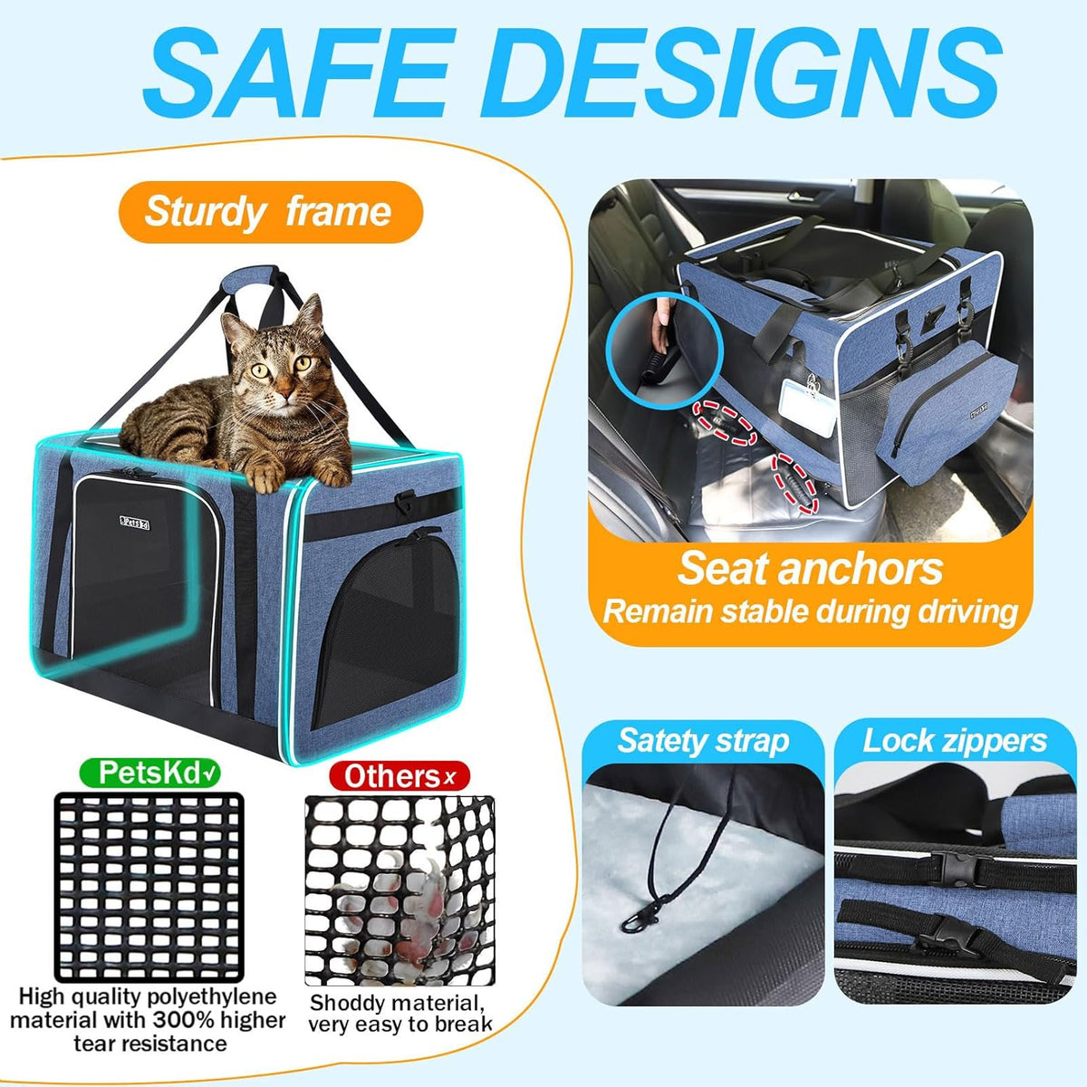 Petskd Extra Large Cat Carrier with Wheels and Litter Box 24"x17"x17" for Large Cat or 2 Small Cats, Collapsible Soft Sided Pet Carrier for Car Travel with Lockable Safety Zippers(Blue)