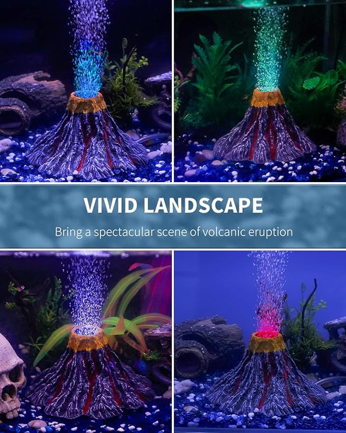 Uniclife Aquarium Volcano Ornament Kit Realistic Resin Volcanic Decoration with Air Stone Bubbler Colorful LED Light Decor for Fish Tank Landscape Addition and Oxygenation