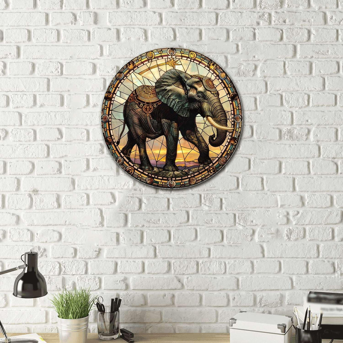 Lygond Metal Sign Tin Sign Circular Stained Glass Elephant Garden Tin Sign for Yard 8×8 Inches