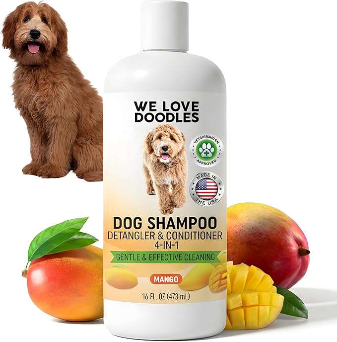 Dog Shampoo, Conditioner & Detangler - Best Shampoo for Goldendoodles, Poodles & Doodles Pet Hair - Hypoallergenic, Tearless, Sensitive Skin for Puppies & All Dog Breeds - Made in USA, 16OZ (Mango)