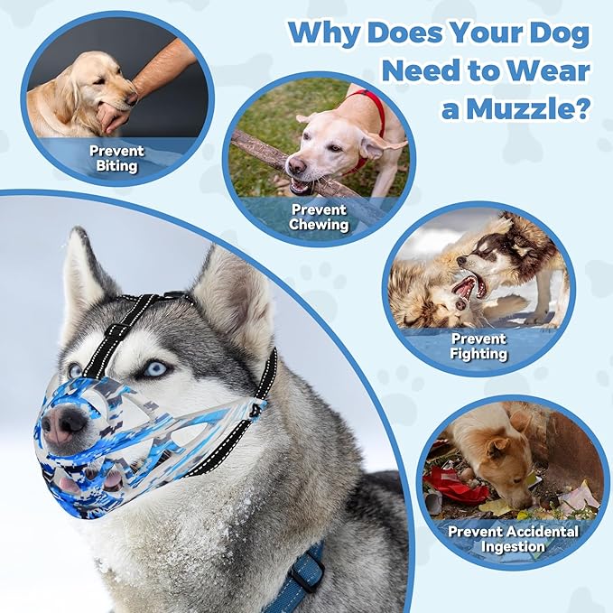 Dog Muzzle for Large Dogs, Breathable Basket Muzzles for Small, Medium and X-Large Aggressive Dog, Allows Panting Drinking, Suitable for Grooming Trimming Training (Camouflage Blue, L)