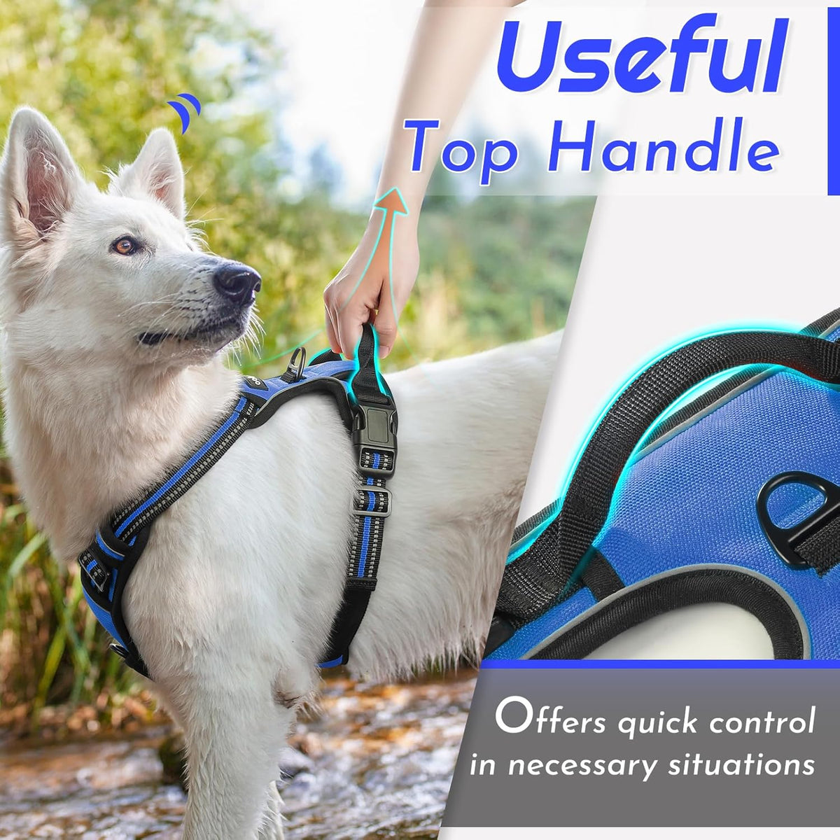 Eagloo Dog Harness for Large Dogs, No Pull Service Vest with Reflective Strips and Control Handle, Adjustable and Comfortable for Walking, No Choke Pet Harness with 2 Metal Rings, Blue, XL