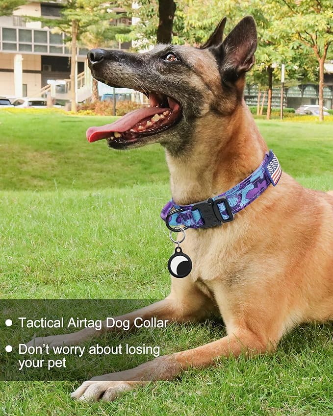 Hotsky Tactical Dog Collar, Adjustable Military Training Nylon Airtag Collar with Handle and Heavy Duty Metal Buckle for Medium Large Dogs, with Airtag Holder and Two Patches（Purple Camo,XL）