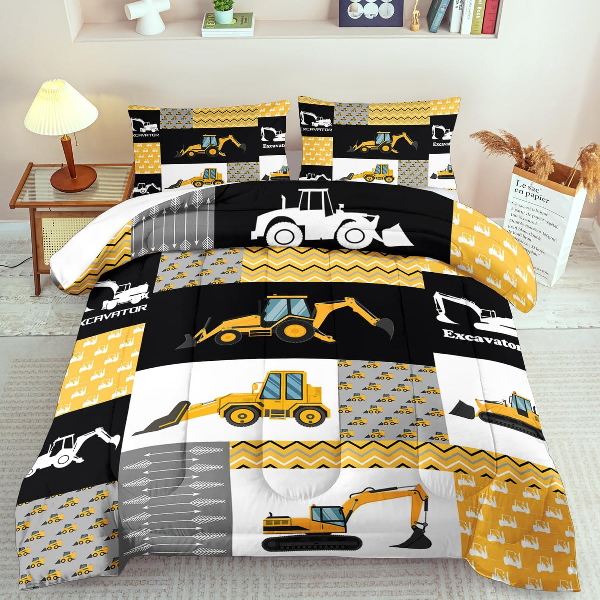 Construction Comforter Set King Boys,Yellow King Construction Bedding Set,Engineering Vehicles Comforter Yellow Bedroom Decor Kids,Truck Quilt Cartoon Truck Bedding for Teen