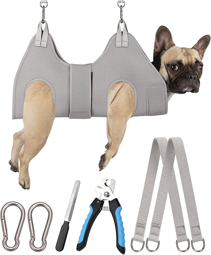 Dog Grooming Hammock Harness, M Size Grooming Sling Restraint for Nail Trim, Silver Gray Holder Hanger for Grooming with Thick Neck Support