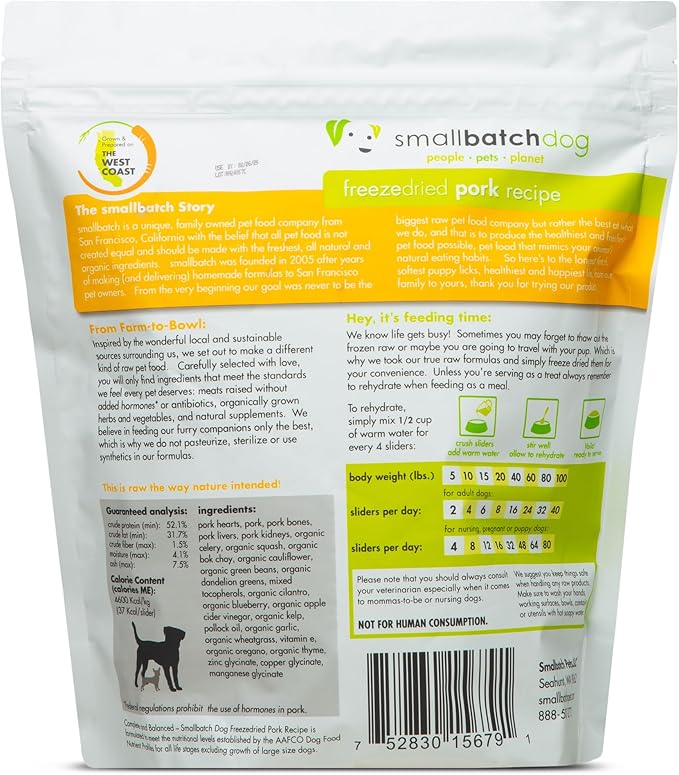 smallbatch Pets Freeze Dried Raw Dog Food, Pork Recipe, 14 oz, Organic High Protein Dog Food, Grain Free, Made in The USA, Humanely Raised Meat, Single Protein, for Picky Eaters, Hydrate & Serve
