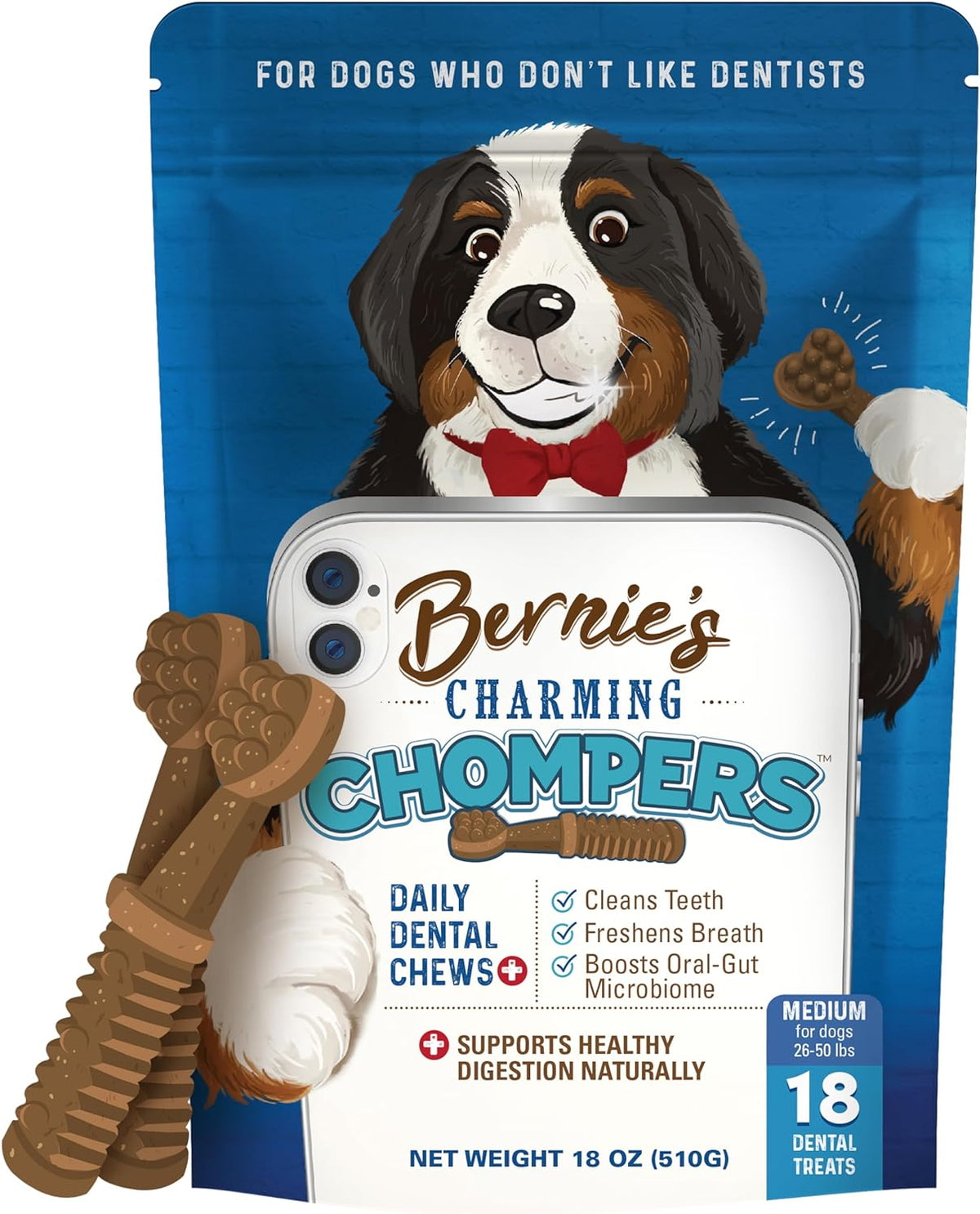 Bernie's Charming Chompers - Daily Dental Chews for Dogs 26-50 Lbs. - 18 Count - Cleans Teeth, Freshens Breath, + Boosts Oral-Gut Microbiome. Easy to Digest, Supports Healthy Digestion Naturally