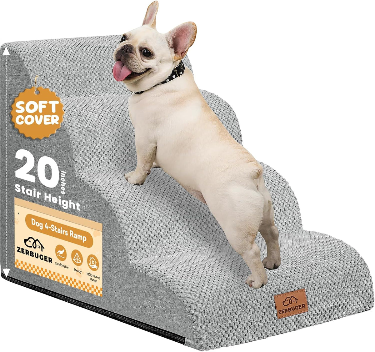 Dog Ramp and Stair for Bed 16" H-20 H,3-Step Cat Stair for Sofa and Chair,4-Step Dog Ramp for High Bed and Window,Durable Nonslip Fabric Cover for Indoor (Light Grey-20 H, Pet Friendly, 4)
