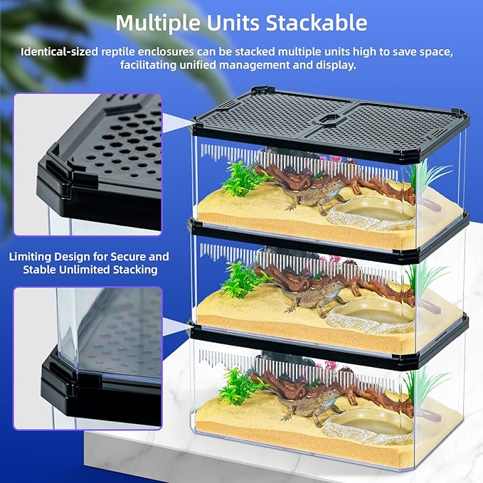 High-Transparency Reptile & Insect Enclosure Terrarium with Magnetic Door, Excellent Ventilation, Easy Cleaning, and Strong, Long-Lasting Build for Gecko, Tarantula, Hermit Crab (7.5x4.9x3.7 Inch)