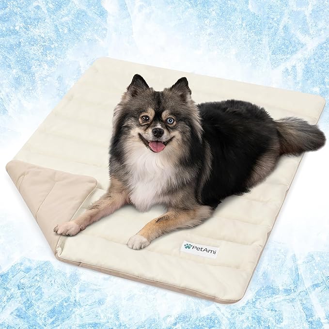 PetAmi Cooling Mat for Dog, Premium Pet Cooling Blanket for Crate Kennel, Indoor Cat Cool Sleeping Pad, Q-MAX Cold Sofa Couch Cover for Summer, Taupe/Beige, Small (24x32)