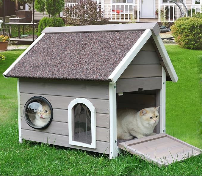 Rockever Outdoor Cat House, Feral Cat House Outdoor Weatherproof with Escape Door and Clear Windows for 2 Cats(with Self Warming Mat)