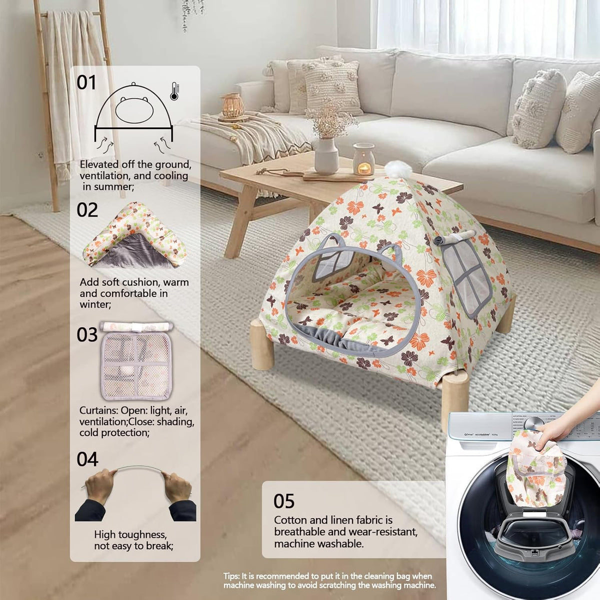 2-in-1 Elevated Cat Tent Cat House, Quick Assembly and Disassembly, Portable Indoor/Outdoor Cute Cat Bed Cave-Butterfly and Flower