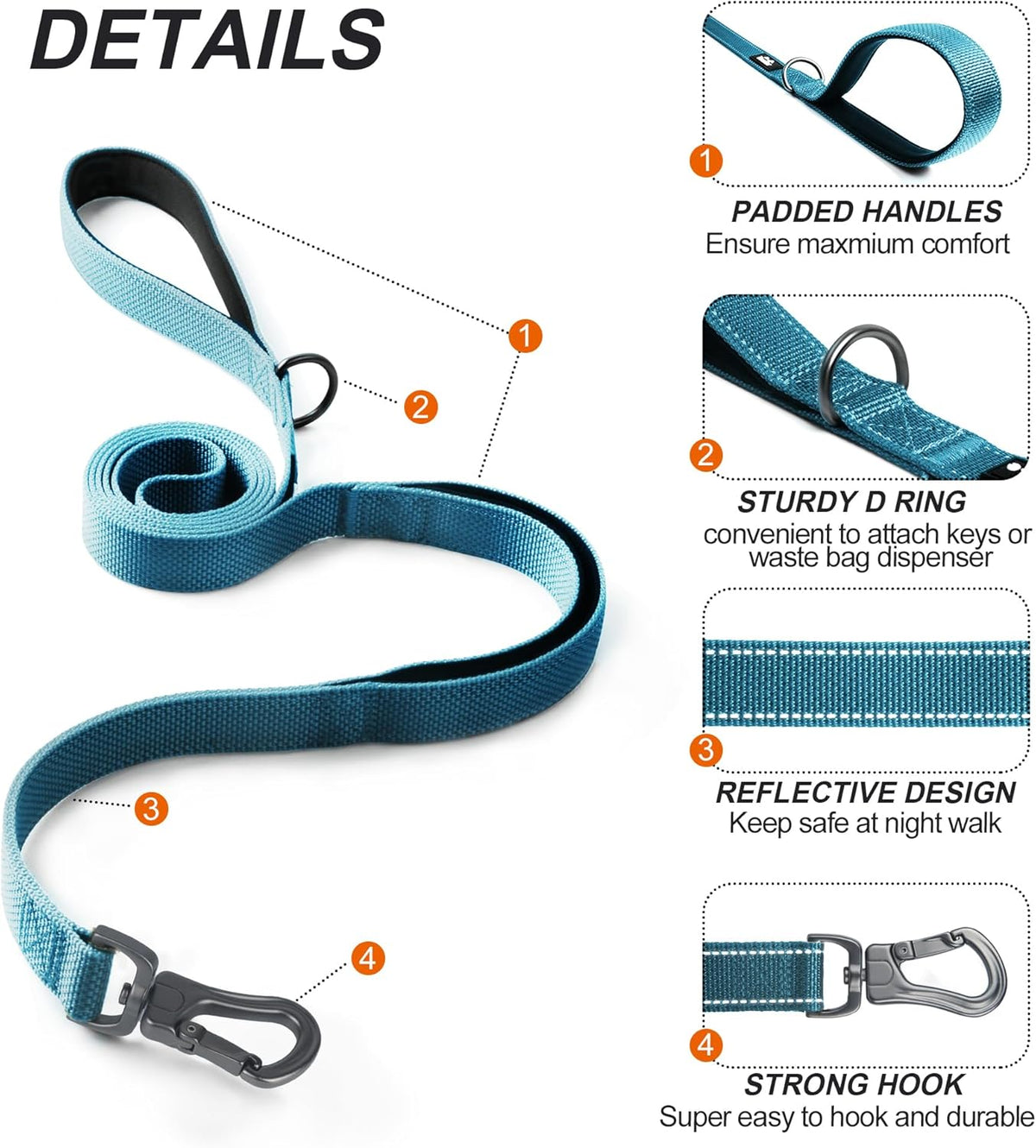 TwoEar 6FT 1IN Strong Blue Dog Leash with 2 Padded Handles, Traffic Handle Extra Control, Comfortable Soft Dual Handle, Auto Lock Hook, Reflective Walking Lead for Small Medium and Large Dogs