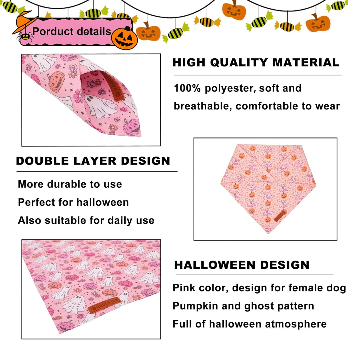 ADOGGYGO Halloween Dog Bandana, Pink Pumpkin Ghost Scarf, Adjustable Fit Female Halloween Bandanas for Medium Large Dogs Pets (Large)