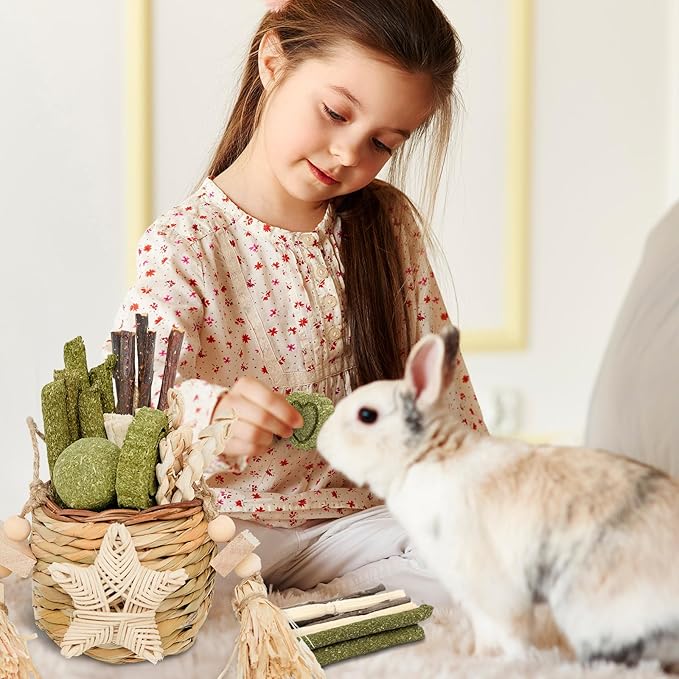 Natural Reedgrass Chew Toy Basket for Small Pets – Hanging Rodent Dental Toys with Hay Lollipop, Apple Sticks, Sweet Bamboo (Hamsters, Rabbits, Chinchillas, Guinea Pigs)