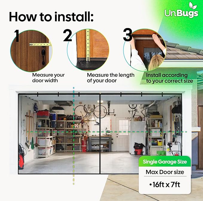UnBugs Garage Screen Doors for 2 Car Garage - Fits Double Garage Doors up to 16 Feet Wide x 7 Feet Tall MAX - Pet & Kid Friendly, Self-Closing - Hands Free Magnet Closure Keeps Bugs Out & Breeze in