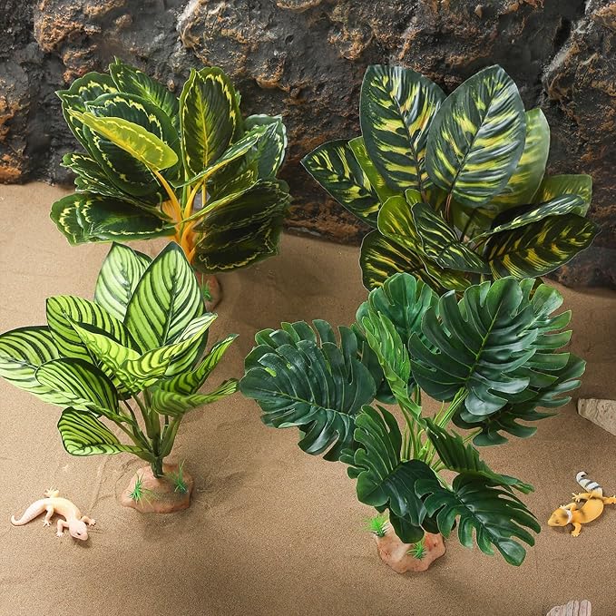 IBWell Reptile Terrarium Plants - Tortoise Habitat Accessories, Artificial Spider Plant for Gecko, Ball Python - Calathea Makoyana A
