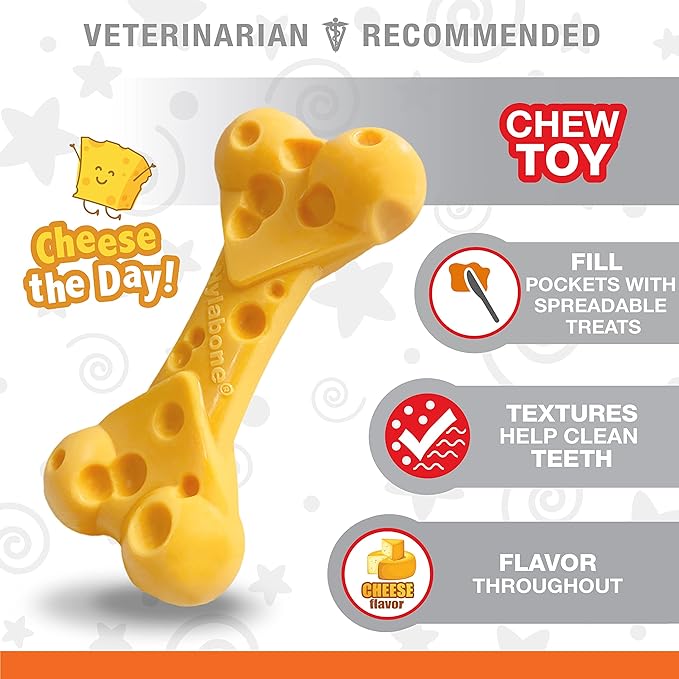 Nylabone Cheese Bone Power Chew Toy for Dogs, Cute Dog Toys for Aggressive Chewers, Cheese Flavor, Medium Dogs - Up to 35 lbs, 1 Count